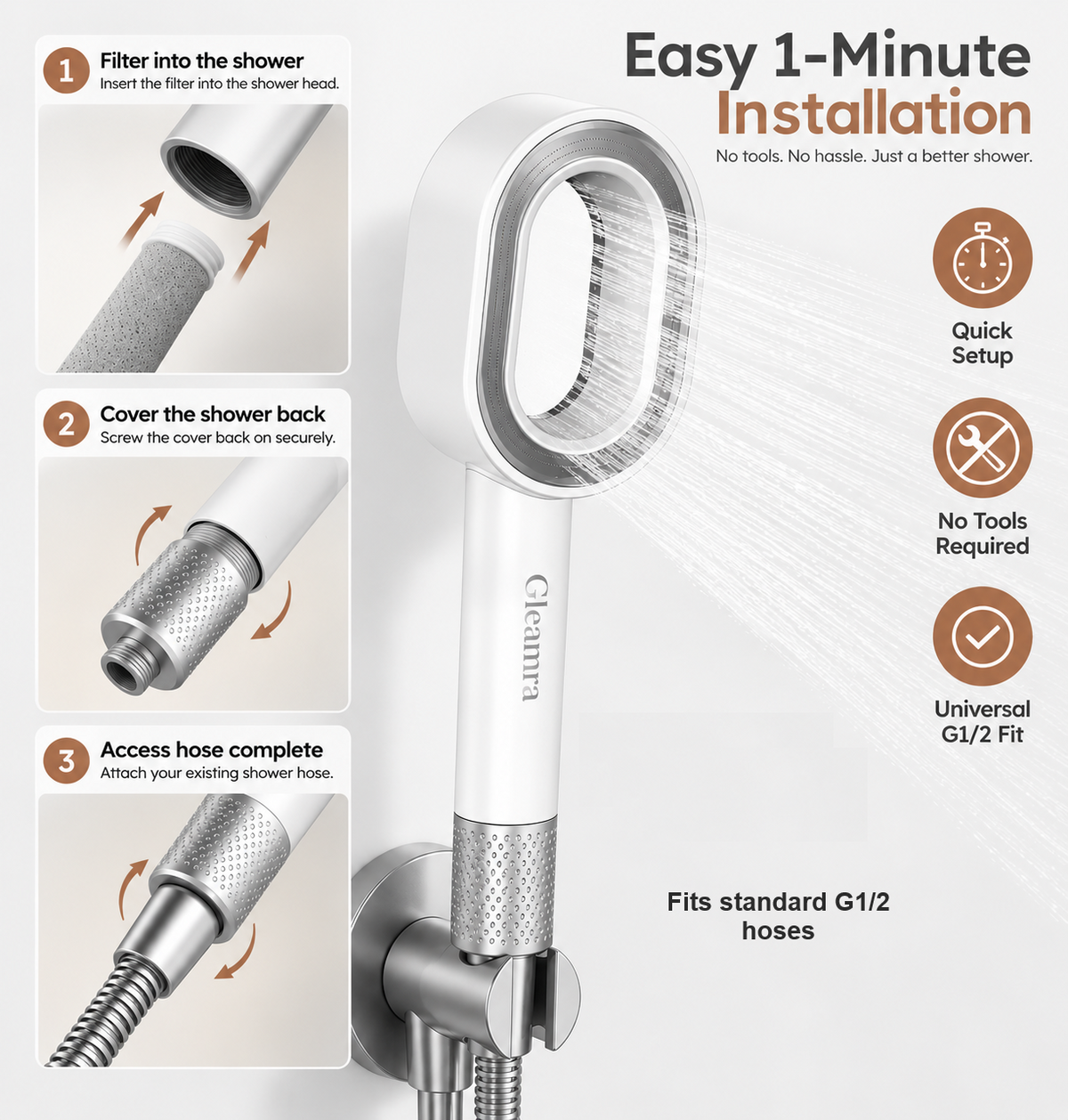 Gleamra Filtered Shower Head – Hard Water Limescale Filter, Includes 1 Cartridge, Fits Standard G1/2 Hose